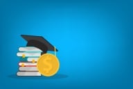 An illustration of a stack of textbooks, topped with a graduation cap, next to a single gold coin, all against a blue background.