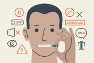 An illustration of a young man pulling a zipper shut over his mouth; surrounding him are icons that say things like "canceled" or "off," or that imply the volume is off.