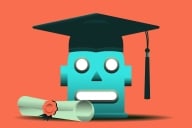 An illustration of a robotic blue chat bot head wearing a graduation cap, next to a rolled-up diploma.