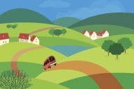 A drawing of a rural landscape, featuring a car driving down an empty, winding rural road with a few sparse houses visible.