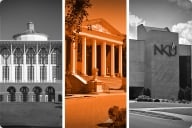 A photo illustration containing photographs of buildings at the University of Kentucky, the University of Louisville and Northern Kentucky University.