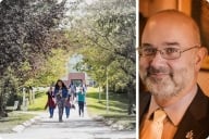 A photo of the UMaine at Presque Isle campus to the left and university president Raymond Rice to the right.