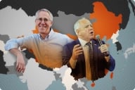 A photo illustration depicting a headshot of the author, Jeffrey Wasserstrom, next to a picture of vice presidential candidate Tim Walz, speaking into a microphone, against a background of a world map with China highlighted in orange.