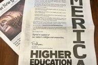 An open New York Times page reads in bold capital letters, "higher education builds America."