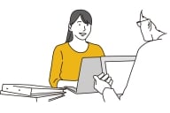 A cartoon-like drawing of a young woman, her laptop open, talking to an older male figure, who could be a mentor.