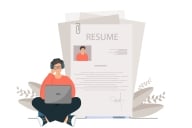 An illustration of a young woman sitting with a laptop writing a résumé.