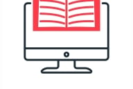 A stark, black, red and white icon-like illustration featuring an open book atop a computer monitor, above the words "Digital Literacy."