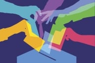 A brightly colored illustration featuring silhouettes of seven arms, all in different colors, reaching toward a ballot box to drop ballots.