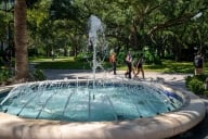 Students walk by a fountain with green grass and trees in the background