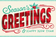 An illustration of a holiday card that reads "Seasons Greetings & Happy New Year."