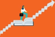 An illustration of a young woman carrying a briefcase walking up a staircase made of books toward a fixed destination. 