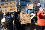 Protesters hold up signs, including one that reads "DEI = yes! DOGE = no! Deport Musk"