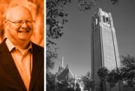 A photo illustration including a photograph of William Inboden on the left and one of the University of Florida Century Tower on the right.