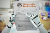 Robot hands hold a paper titled "university admissions" with one finger pointing toward the application 