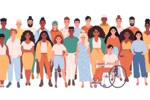 Illustration of a group of very diverse people standing together. At least one person uses a wheelchair.