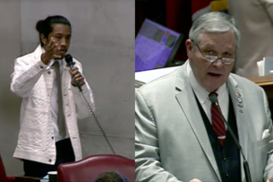 On the left, Justin Jones, a Black and Filipino Tennessee lawmaker, wearing a white jacket, and on the right, John Ragan, a white Tennessee lawmaker, also wearing a light-colored jacket.