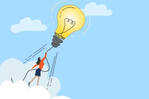 woman standing in cloud holds on to a balloon-like light bulb that appears to be lifting her upwards
