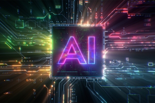 The letters "AI" in purple, against a dark background depicting the transfer of data in many different colors.