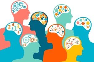 An illustration of brains of different colors with different patterns inside them, such as puzzle pieces, numbers or flowers, to represent neurodiversity.