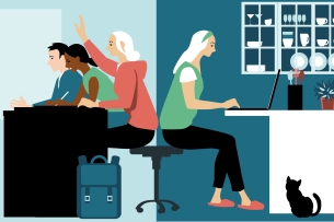 A drawing of students, split into two panels, to represent in-person and online education, respectively: on the left are three young adult students in a classroom and on the right is a single young adult student working at her computer in a kitchen, a cat at her feet. 