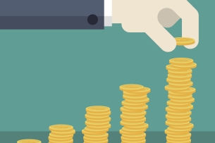 Illustration of five stacks of coins with a hand placing an extra coin on the last, tallest stack.
