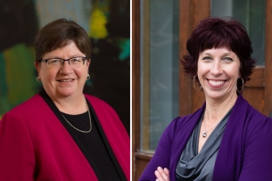 Head shots of Dianne Oliver and Denise Baird, both light-skinned women with dark hair wearing jewel tones.