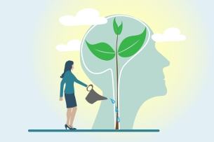 Concept/illustraed image of a woman watering a tall plant that is growing inside of a human mind in silhouette.