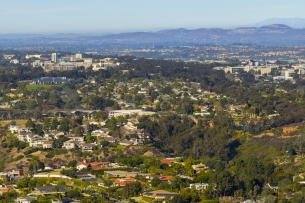 Panoramic view of the University of California, San Diego, campus with the ocean in the background.