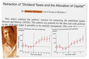 An image created using a photo of Adrien Matray and graphs and quotes from a retraction note.