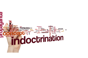 A word cloud featuring the words "indoctrination" and related words, with "indoctrination" in the largest text, following by words including "propaganda," "concept," "control," and many other words.