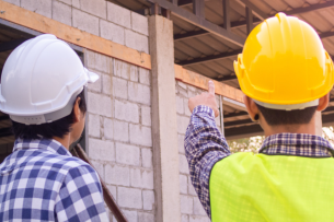 Two students wearing hard hats and flannels face away from the camera to evaluate a construction site