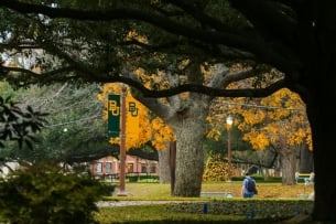 A person walks at Baylor University campus in Waco, Texas.