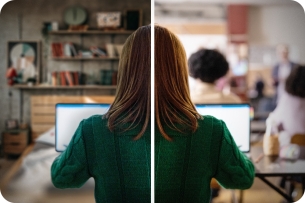 A split screen of remote learning and in-person learning 