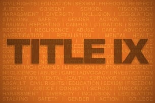 The words "Title IX" against an orange backdrop of smaller words such as "health," "negligence" and "abuse"
