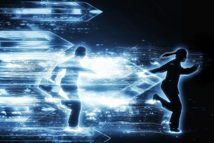 A silhouette of a girl with a ponytail running ahead of a silhouetted man holding a briefcase. They are placed on a background that is pixelated and futuristic.