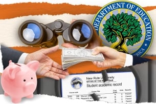 An illustration showing binoculars, the Education Department's logo, money, a piggybank and a freed transcript.