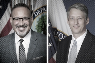 Official head shots of U.S. secretary of education Miguel Cardona and under secretary James Kvaal side by side.