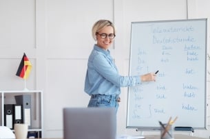 A photograph of a teacher teaching German. 