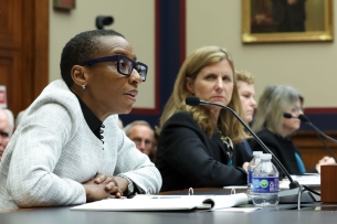 From left to right, Claudine Gay, president of Harvard University, Elizabeth Magill, now former president of University of Pennsylvania, Pamela Nadell, professor of history and Jewish studies at American University, and Sally Kornbluth, president of Massachusetts Institute of Technology, testified before the House Education and Workforce Committee last week on the issue of antisemitism on campuses. In the photo of the hearing, Gay, in the foreground, is speaking.