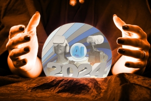 Two hands hover near a crystal ball filled with items inside, including "2024", a robot, "AI" and camera.