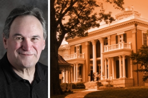 A headshot of Rabbi Mark Schiftan next to an image of Belmont University's campus. 