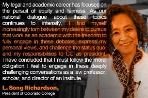 A photo of L. Song Richardson with text from her resignation letter overlaid.