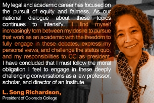 A photo of L. Song Richardson with text from her resignation letter overlaid.