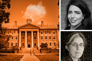 The University of North Carolina at Chapel Hill campus with headshots of Associate Professor Ronit Freeman and Professor Nadia Yaqub