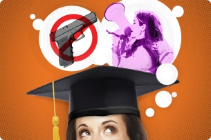 A student in a grad cap with thought bubbles over her head with a gun in a red circle and a woman yelling into a bullhorn.