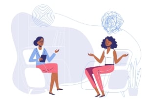 An illustration shows a counseling or advising session with the professional sitting on the left wearing a suit and holding a clipboard, and a young adult on the right, shrugging her shoulders and with a garbled thought bubble above her head.