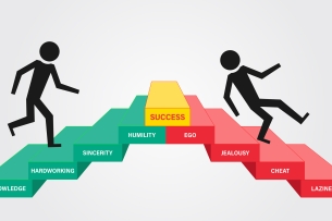 A stick figure walking up steps with words that include values including “humility” right before the top step, which says success. Another person walks down the steps in the other direction that shows words including “ego”.
