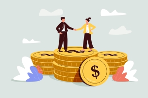 Woman and man shake hands as if agreeing, while standing on a pile of coins