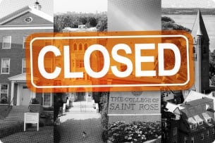 A photo illustration of a “Closed” sign over images of college campuses.