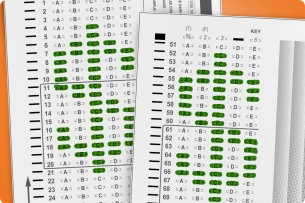 Two scantron sheets with bubbles filled in to look like dollar signs